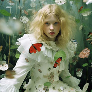 팀워커의 작품사진3 나비가 달아다니는 곳에 흰색 드레스를 입고 금발의 웨이브 머리의 소녀가 앉아있다